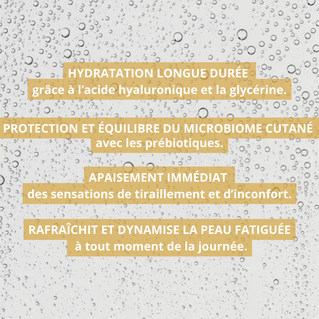 Brume visage Pshiit-Biotic hydrate, apaise, protège la barrière cutanée et équilibre le microbiome des peaux matures.