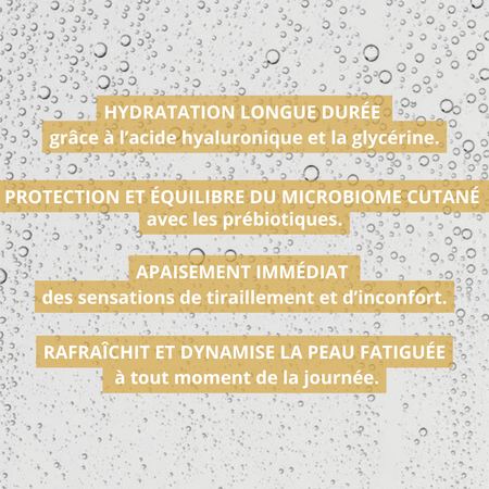 Brume visage Pshiit-Biotic hydrate, apaise, protège la barrière cutanée et équilibre le microbiome des peaux matures.