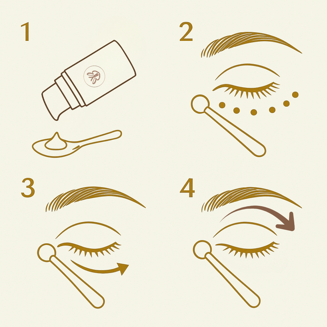 Schéma d’application du masseur autour des yeux, gestes de l’intérieur vers l’extérieur