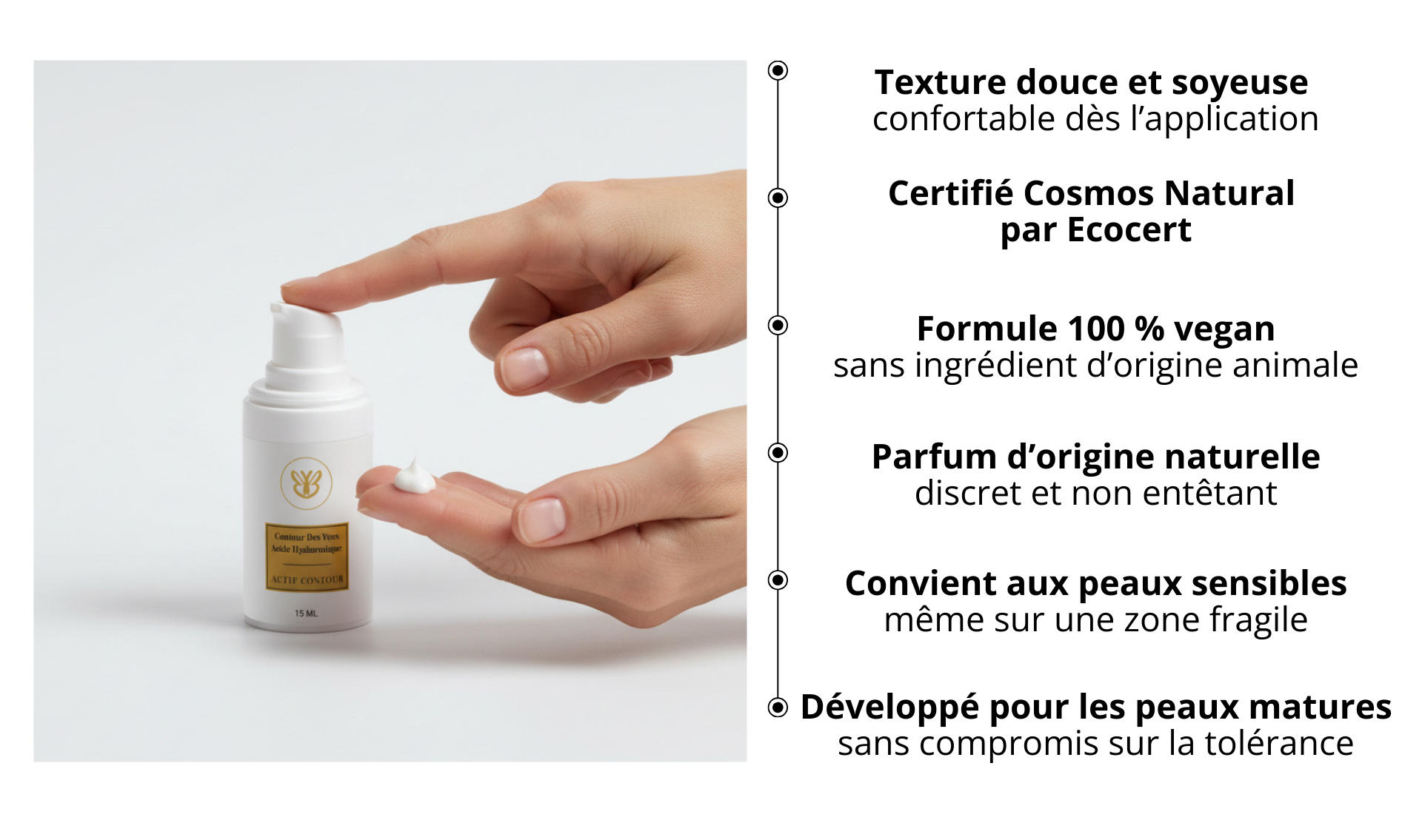 Contour des yeux Belle après 40 ans à l’acide hyaluronique, texture douce appliquée au doigt, soin anti-rides et anti-cernes pour zone fragile des peaux matures