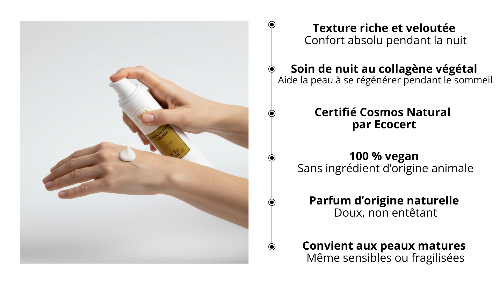 Crème de nuit au collagène végétal Belle après 40 ans, texture riche et veloutée appliquée sur la peau, soin régénérant pour peaux matures pendant le sommeil