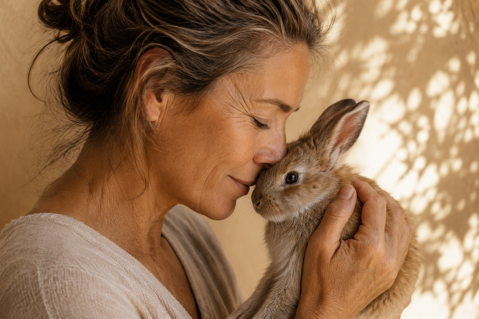 Une femme de plus de 50 ans serre tendrement un lapin contre son visage, symbole de l'engagement Cruelty Free de Belle après 40 ans et du respect du bien-être animal.