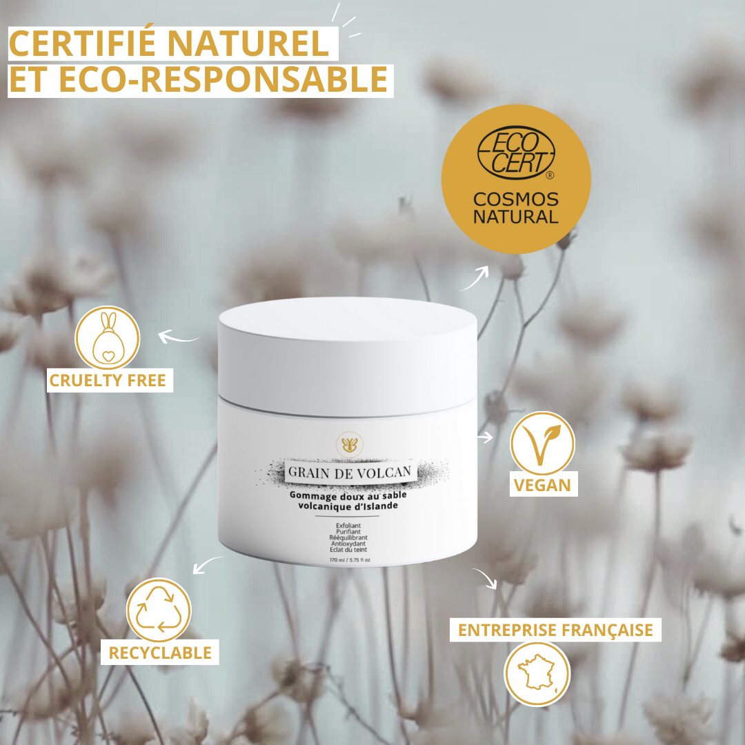 Icônes certification naturelle Ecocert, vegan et respectueuse de la peau mature pour le Gommage Grains de Volcan.