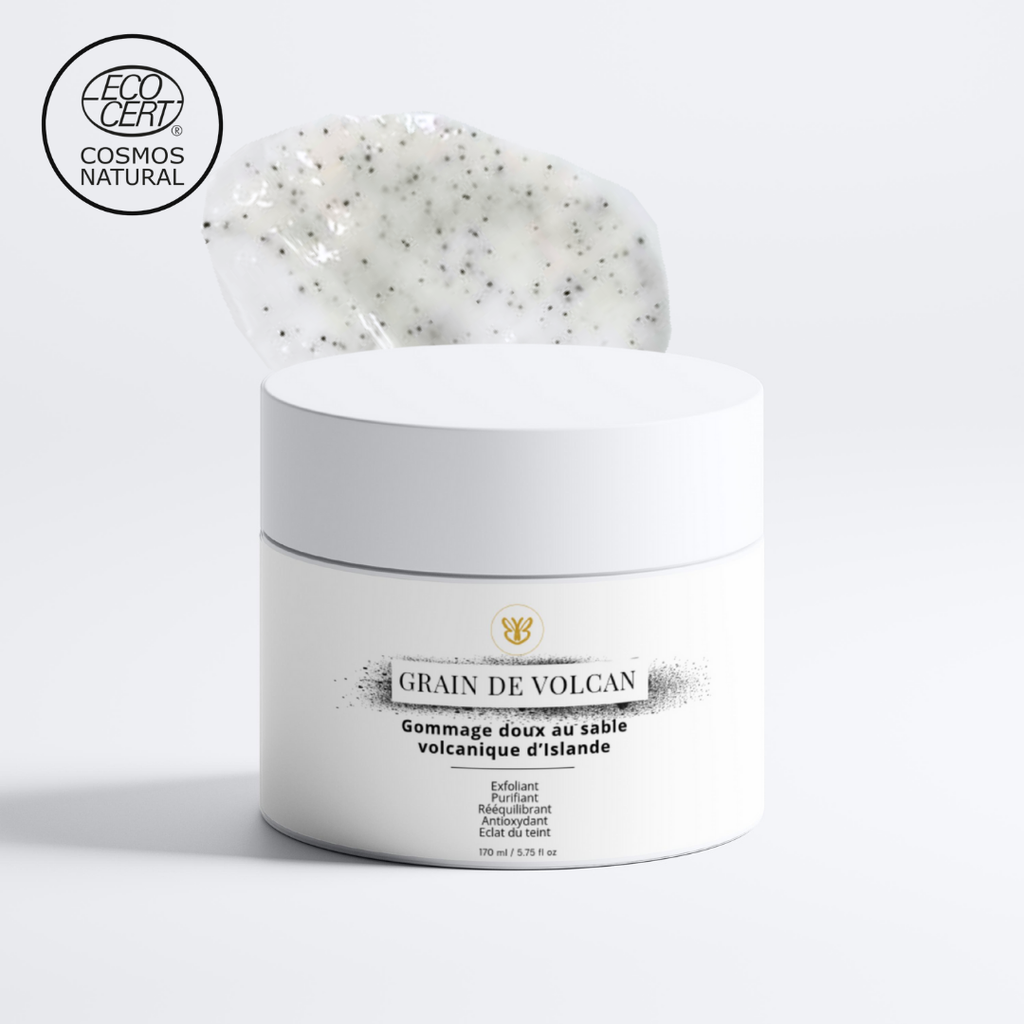 Pot de Gommage Grains de Volcan, soin exfoliant visage et corps naturel et vegan Belle après 40 ans.