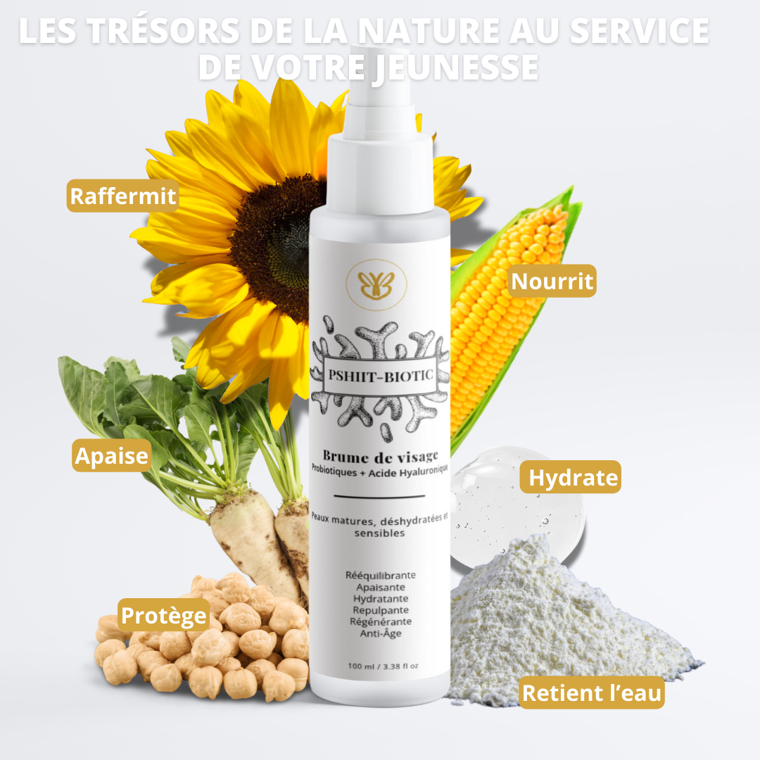 Prébiotiques, acide hyaluronique, ferment de lactobacilles et extraits végétaux du Pshiit-Biotic, brume visage hydratante et protectrice.