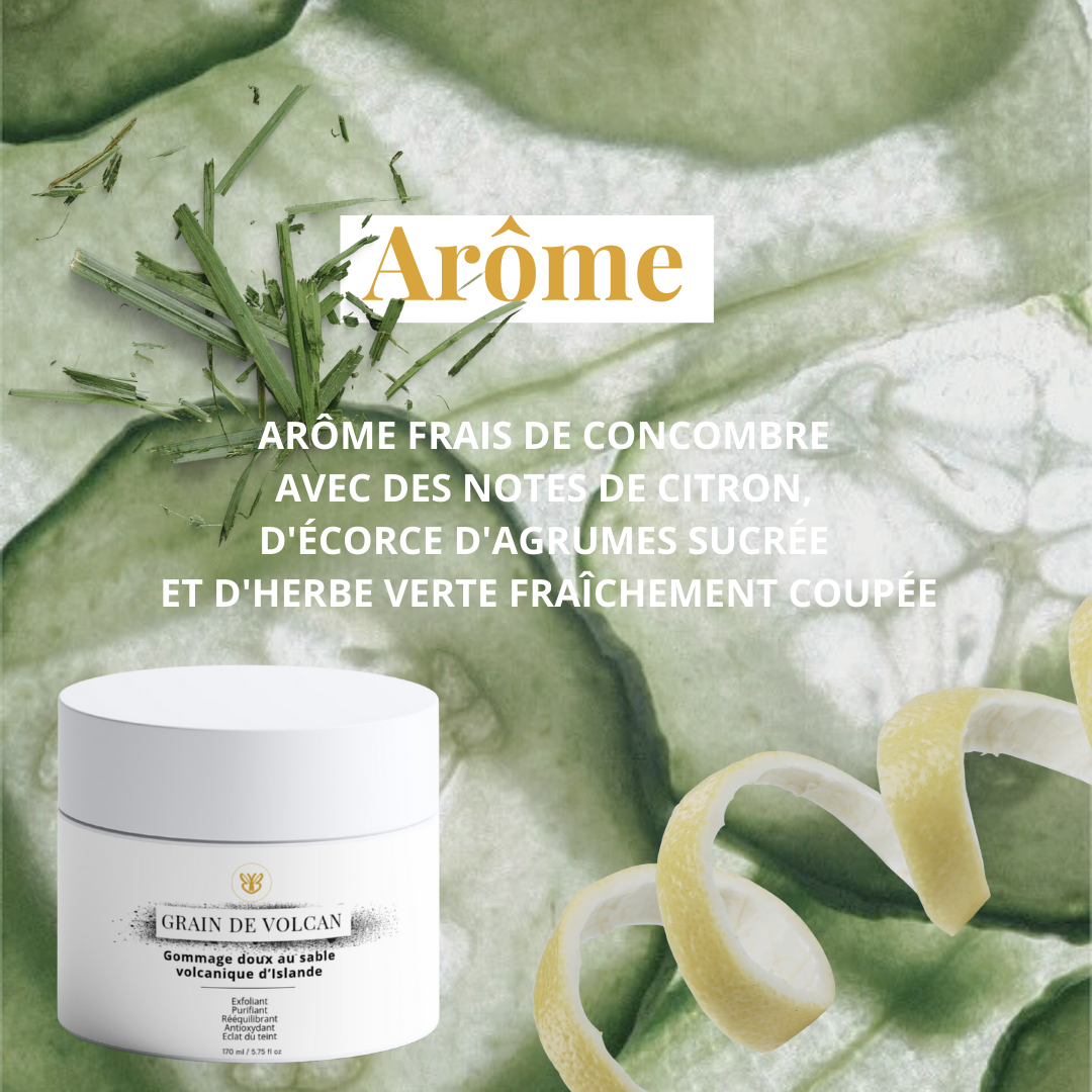 Concombre, citron et herbes fraîches illustrent l’arôme vivifiant et naturel du Gommage Grains de Volcan.