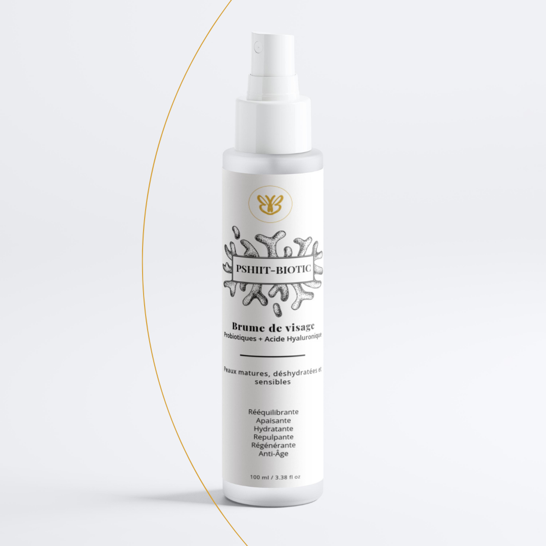 Flacon de Pshiit-Biotic, brume visage aux prébiotiques, pour hydrater et protéger la peau.