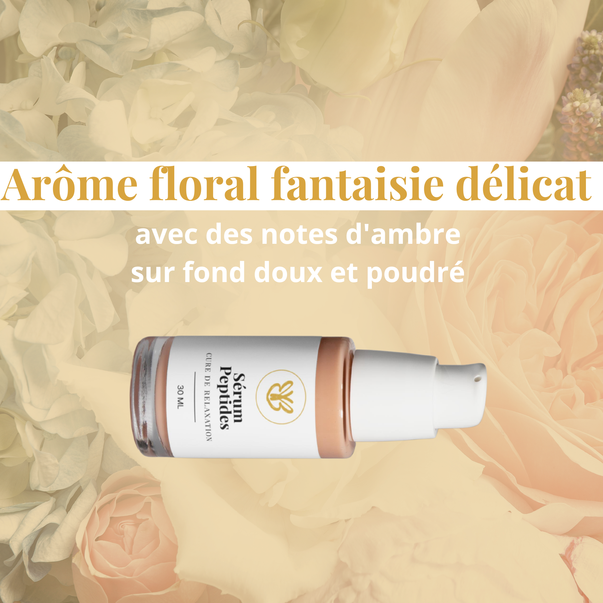 Sérum visage aux peptides effet relaxation cutanée, idéal peaux sensibles et matures, aide à lisser les rides installées, arôme léger et formule naturelle.