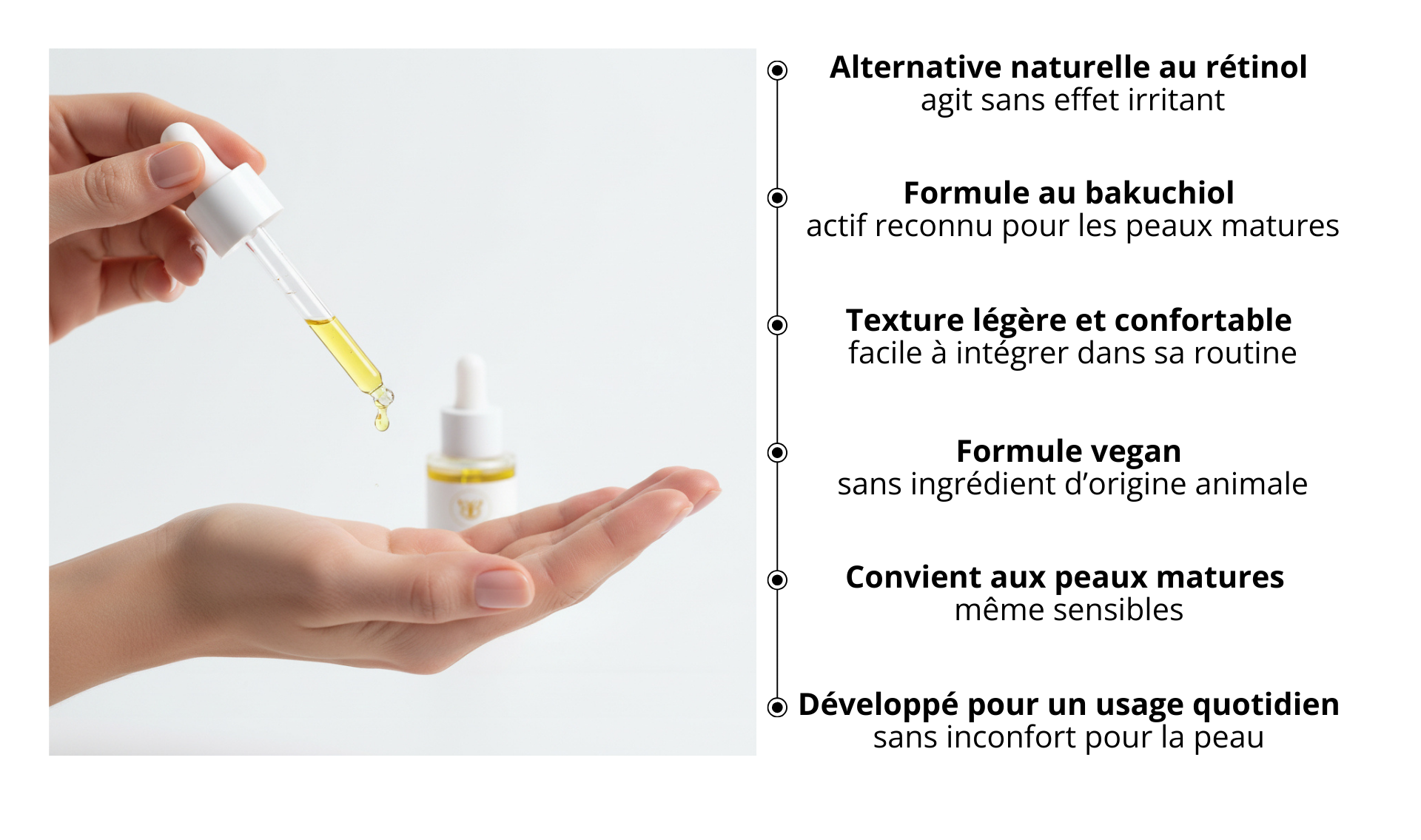 Sérum au bakuchiol Belle après 40 ans, texture huileuse légère appliquée à la pipette, soin anti-âge naturel pour peaux matures même sensibles