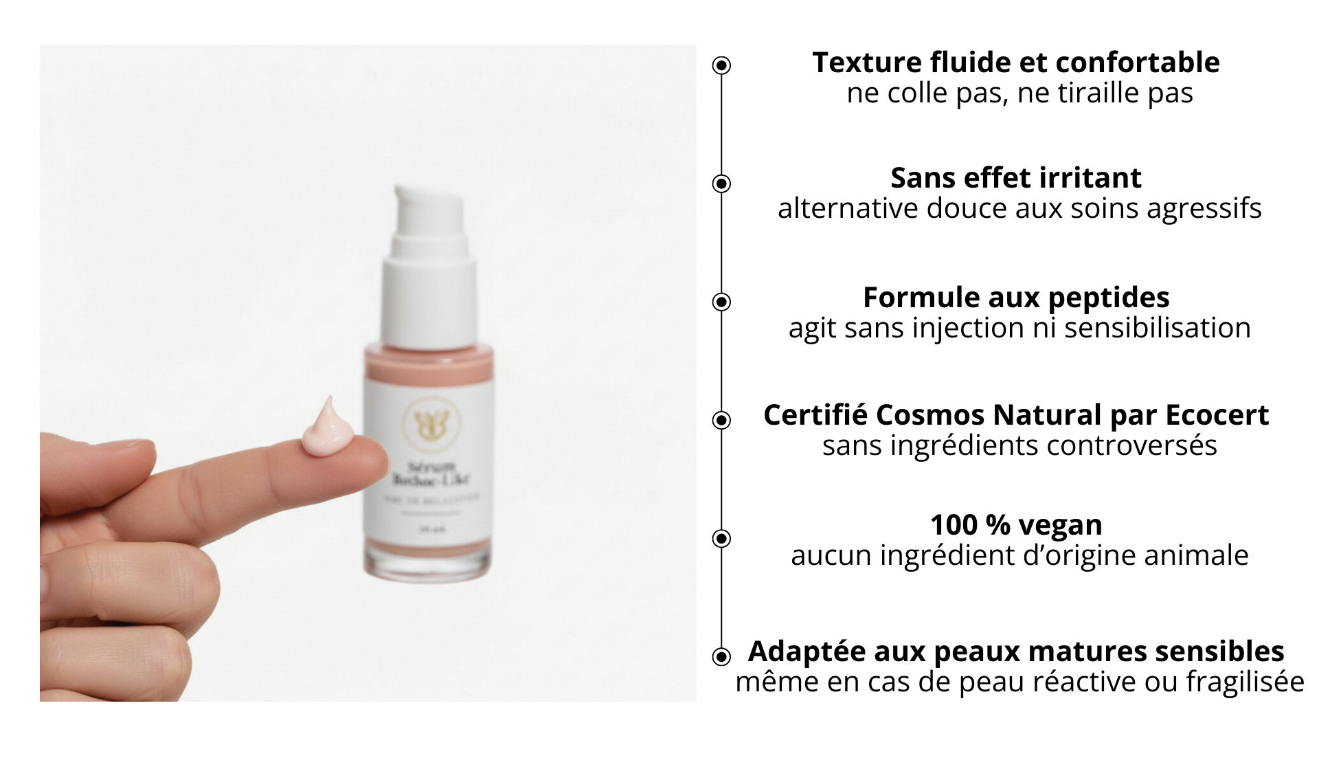 Sérum aux peptides Belle après 40 ans, texture fluide déposée sur le doigt, soin lissant et relaxant pour rides d’expression des peaux matures