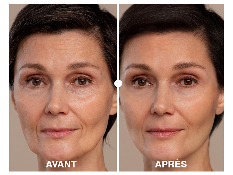 Résultats avant et après utilisation des soins Belle après 40 ans, peau lissée et éclatante