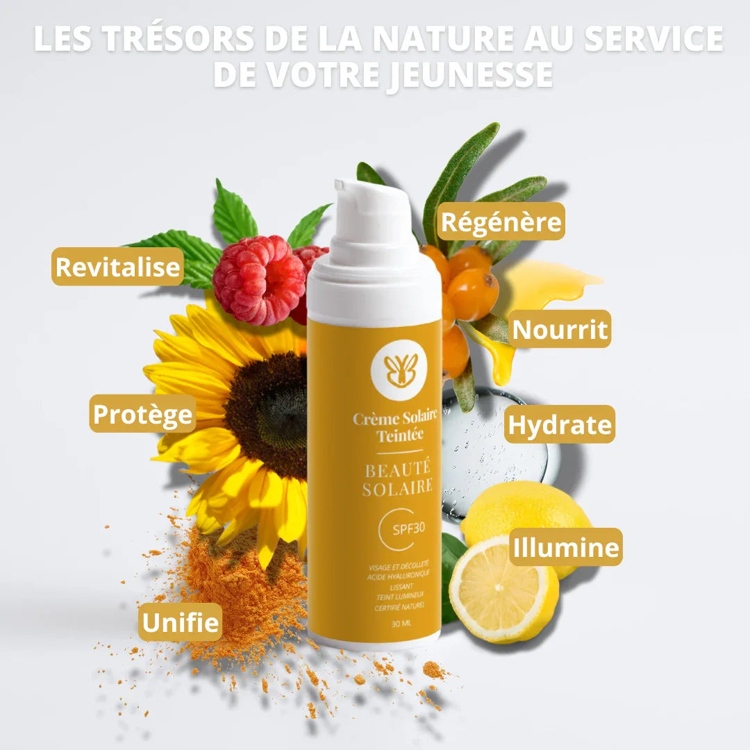 Les trésors de la nature au service de votre éclat : framboise, argousier, acide hyaluronique et huiles végétales dans notre soin solaire teinté SPF 30.