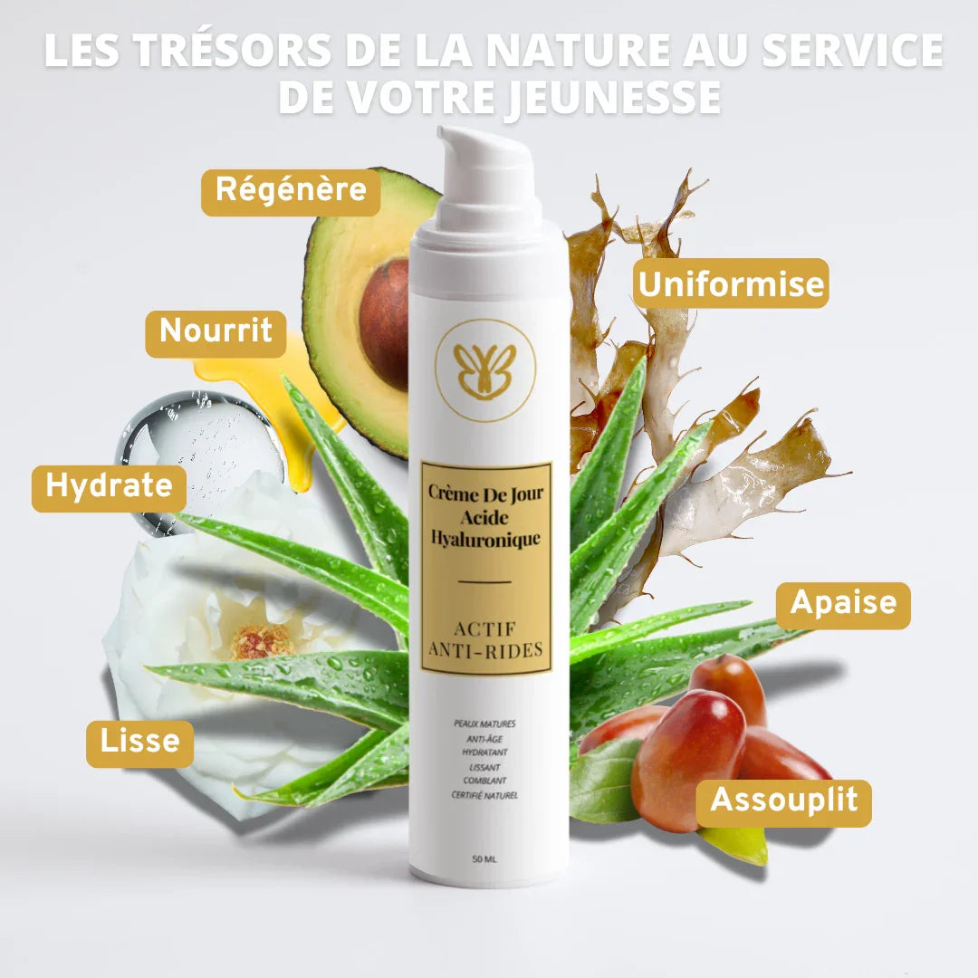 Les trésors de la nature pour lisser les rides : aloe vera, jojoba, karité, avocat et acide hyaluronique dans notre crème anti-rides jour.