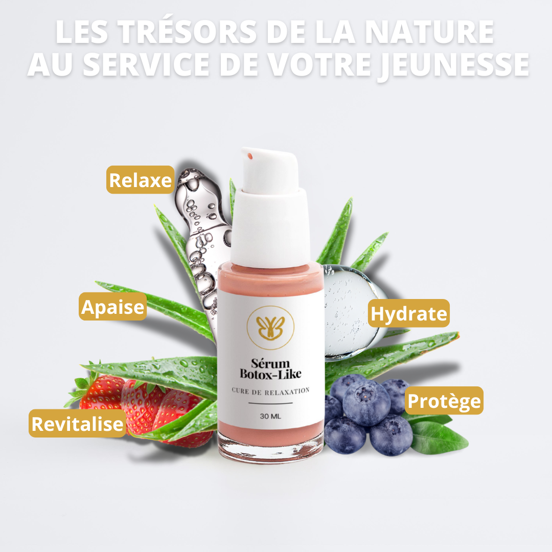 Les trésors de la nature pour apaiser et défatiguer : camomille, bleuet, aloe vera et acide hyaluronique dans notre sérum regard relaxant.
