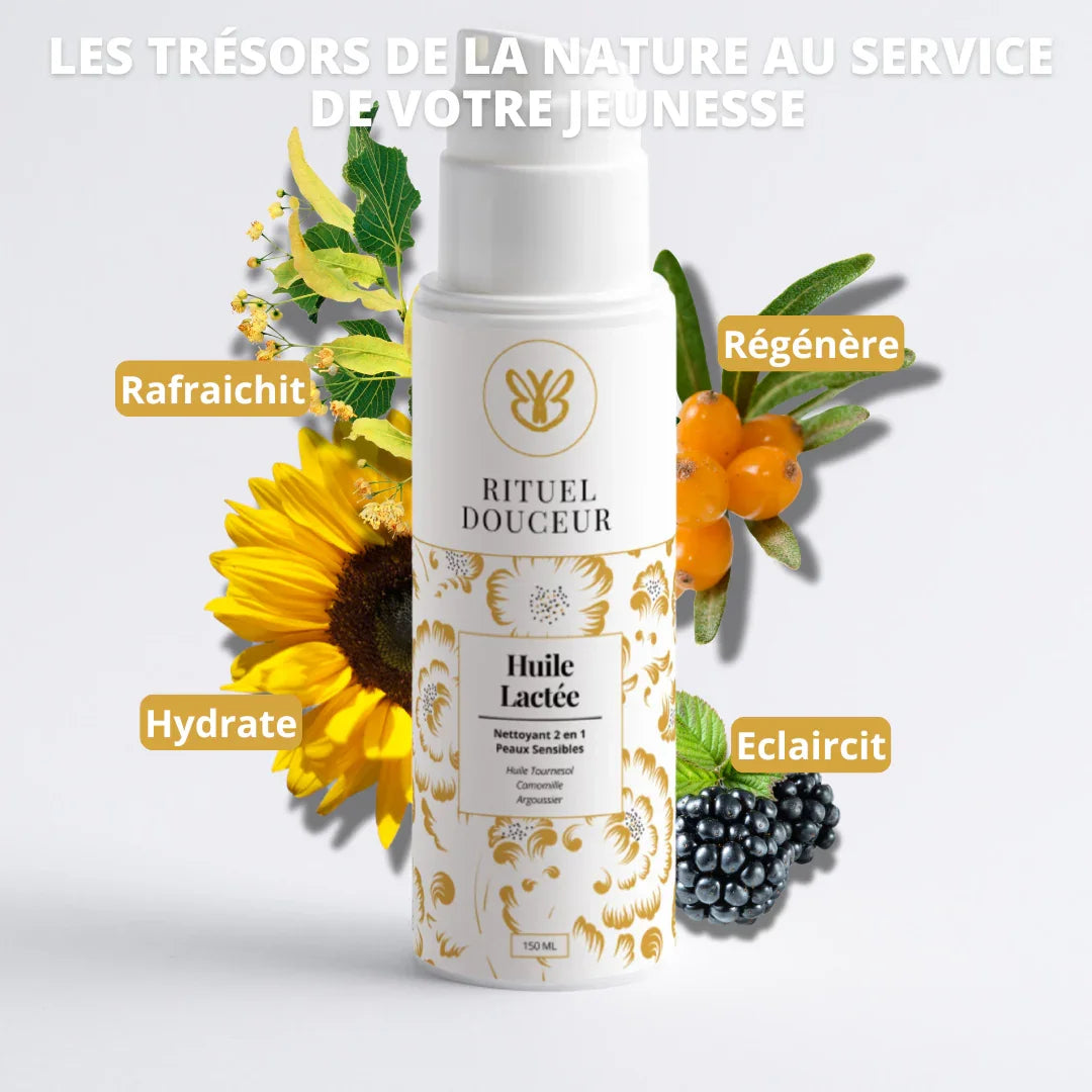 Les trésors de la nature pour un démaquillage en douceur : camomille, mûre des marais, argousier et huile de tournesol dans notre huile lactée nettoyante.