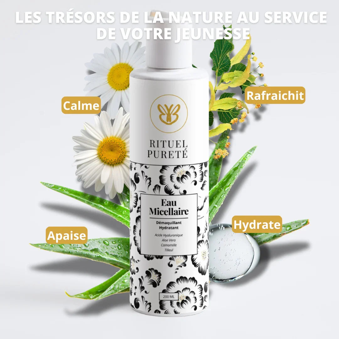 Les trésors de la nature pour une peau nette : aloe vera, hydrolat de camomille, extrait de figue et acide lactique dans notre eau micellaire douce.
